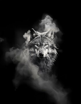 A wolf's face emerges from a cloud of smoke, its eyes staring directly at the viewer.