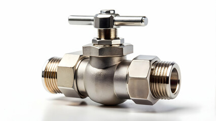 Close up of a silver water valve on a white background, plumbing, control, metal, industrial, handle, turn, equipment