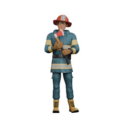 Fire Service Hero in 3D. A firefighter stands with both hands holding a fire extinguisher in front of his chest. Cartoon Firefighter