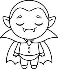 Cute Cartoon Vampire with Happy Closed Eyes and Cape Coloring Page for Kids with Fangs