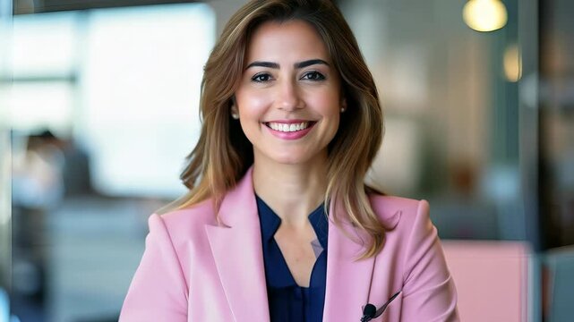 A confident businesswoman in a stylish blush pink blazer smiles warmly in a modern office, embodying professionalism and approachability in a collaborative setting.