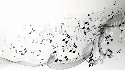 A black and white image featuring an abstract composition of flowing music notes and staves, emphasizing the simplicity and elegance of musical notation.