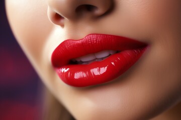 Obraz premium Close-up of glossy red lips with a soft smile, showcasing vivid color and natural beauty