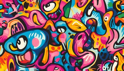 A multicolored illustration of bright graffiti art
