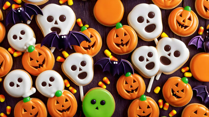Obraz premium Halloween snacks concept background, Halloween day desserts, sweet dessert on Halloween, various unique snacks on Halloween, cute and unique desserts on Halloween day, ai generated