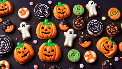Cute and unique Halloween desserts, Halloween snacks, Halloween desserts design concept background, sweets for happy Halloween, ai generated