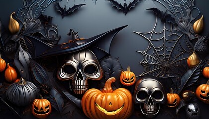 halloween spooky metal background with skulls, pumpkins, bats, and cobwebs