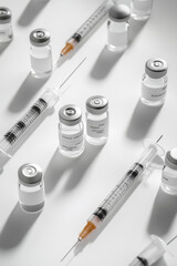 The layout features vaccine vials and syringes neatly arranged on a smooth surface, emphasizing a sterile clinical environment and the importance of vaccination.