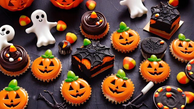 Cute and unique Halloween desserts, Halloween snacks, Halloween desserts design concept background, sweets for happy Halloween, ai generated