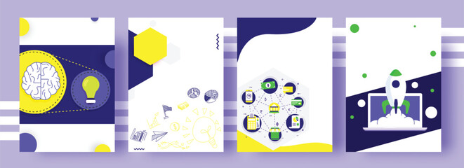 Fototapeta premium Four diffrent style cover page design of on abstract purple background for Business startup or Education concept, can be used as template, or brochuer.