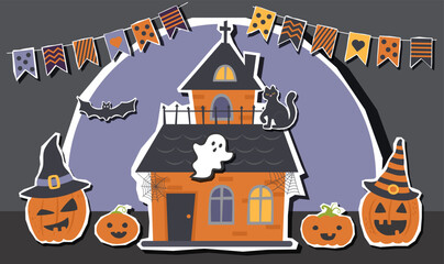 Halloween creepy cute black banner with Halloween house and elements stickers. Halloween background. Halloween concept.
