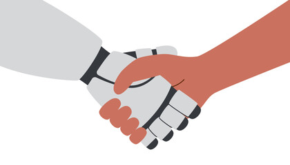 Technology concept. Handshake. AI concept. Robots and human hands greeting each other isolated on white background. The concept of human-artificial intelligence interaction. 