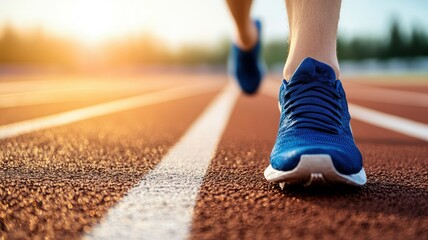A runner's shoe on a track, capturing the motion and energy of sport during sunset, symbolizing fitness and determination.