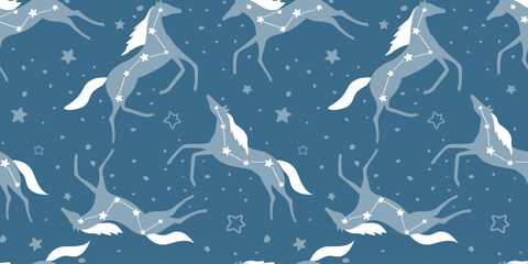 Seamless pattern with silhouettes of beautiful horses against the background of the night sky with stars and constellations. Fancy animal print. Vector graphics. © Ирина Горбунова