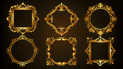 Set of elegant golden frames on a background, gold, border, design, luxury, decoration, antique, vintage, ornate