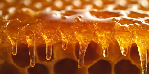 Golden Dripping Honeycomb: Close-Up of Honey in Saturated Warm Colors