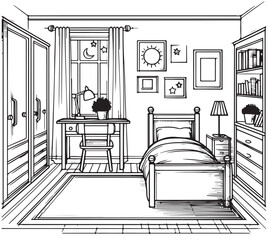 Child room with double beds. Interior sketch