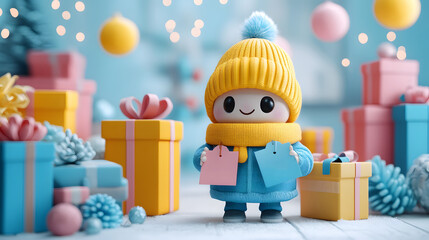 3D cartoon Boxing Day scene with gift boxes and sale tags, a fun character standing with holiday shopping bags, ideal for social media posts.