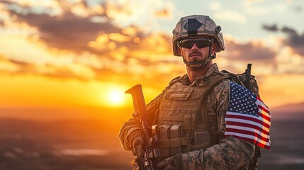Obraz premium Military soldier with the American flag, set against a glowing sunrise sky, perfect for Veterans Day commemorations