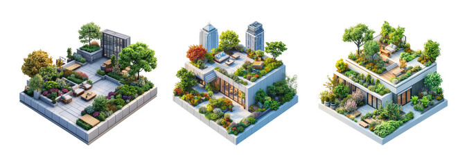 Modern rooftop gardens with urban greenery and relaxation areas