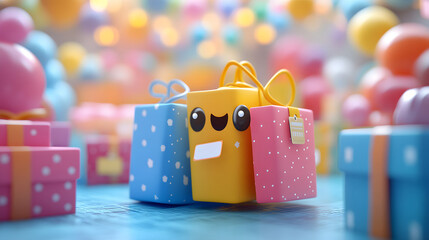 Boxing Day 3D vector design featuring wrapped gift boxes, sale tags, and a fun cartoon character holding shopping bags, perfect for social media posts.