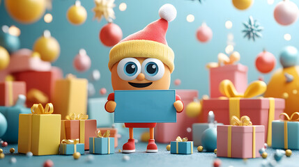 Cheerful Boxing Day sale advertisement in 3D cartoon style with large presents, a character holding...