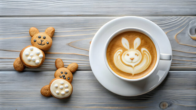Top view of a white cup of coffee with bear and bunny latte art and cookies scattered around, latte art, coffee, cup, bear