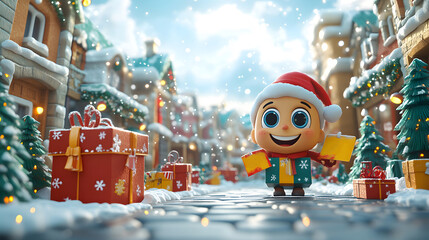 Colorful 3D Boxing Day sale design with large gift boxes, sale tags, and a cheerful cartoon character promoting holiday discounts in a festive scene.