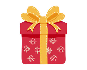 A red gift box decorated with snowflakes and a large yellow ribbon. Ideal for birthday, Christmas and New Year cards, packaging, and festive illustrations.