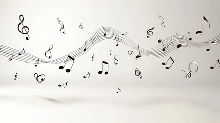 The image illustrates black musical notes and a flowing stave set against a clean white background, evoking a sense of harmony, balance, and classic simplicity.