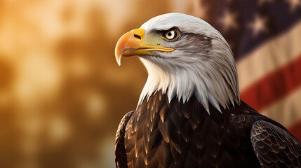 Naklejka premium A majestic bald eagle perched proudly against a blurred background of the American flag