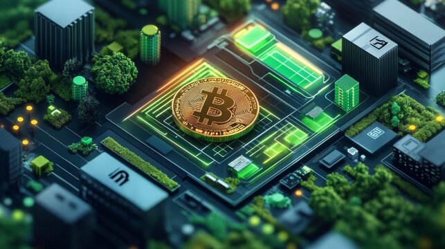 Create an illustration of app offering digital currency staking and yield farming options.