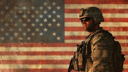 Fototapeta premium Patriotic scene of a male soldier in military gear, standing with the American flag in the background, perfect for Memorial Day or Veterans Day banners