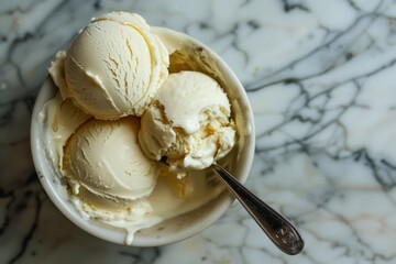 Vanilla ice cream scoops in a bowl on a marble surface with a spoon. Dessert and food photography concept for design and print.