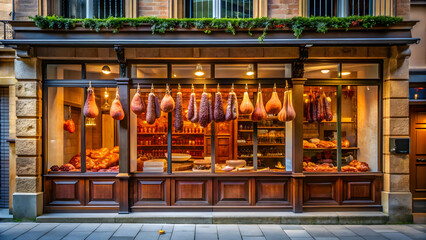 Obraz premium Elegant charcuterie and butcher shop facade with meat and cured foods on display in San Sebastian, Spain July 11