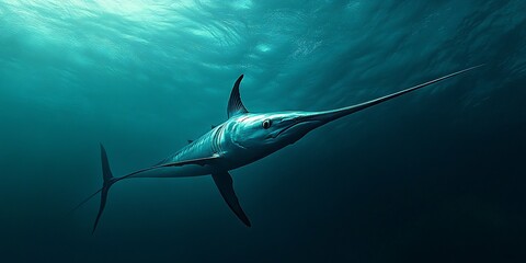 Obraz premium Majestic Swordfish in Deep Ocean Serenity Captured Mid-Swim
