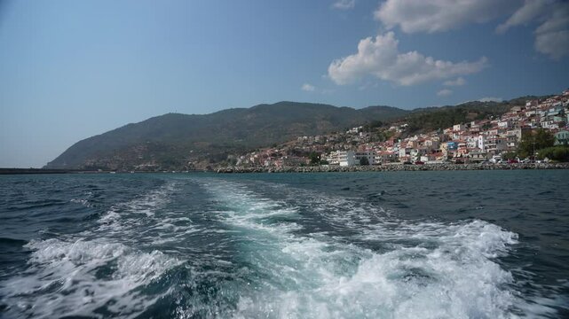 Mitilini, Lesbos Greek island, photographed from a speed boat