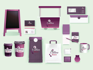 Collection of Corporate identity template design for cafe, restaurant and shop with illustration of wheelbarrow, paper cups, diary and business card.