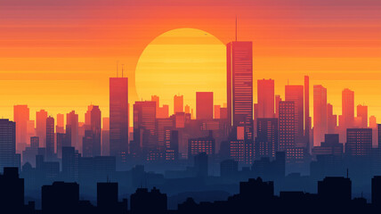 Fototapeta premium Sunset or sunrise over a modern city in natural colors. illustration of city landscape.