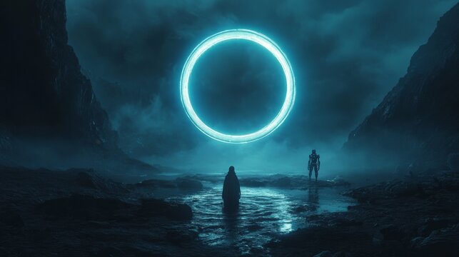 a person passes through a glowing circle of a teleporter or time-travel portal, dark background, futuristic concept