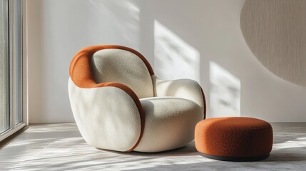 Single-color designer armchair paired with a small footstool, set against a white background, perfect for modern interior design themes