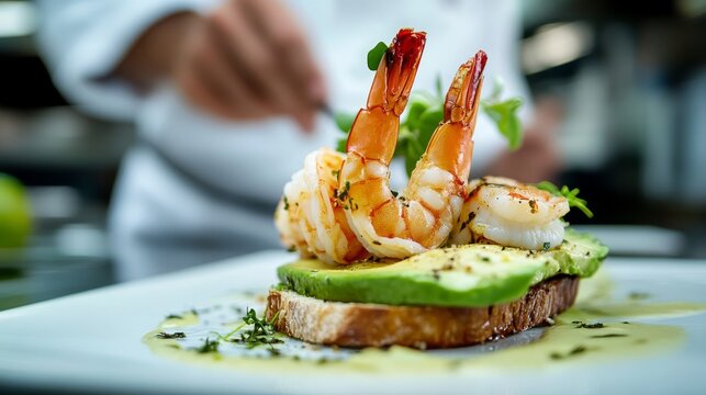 55. A beautifully detailed shot of a chef presenting a toast with avocado and shrimp, capturing the sophistication and appeal of the expertly crafted dish