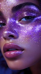 A close-up of purple glitter makeup on the face, with a bright blue background and gold details