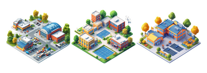 Isometric illustrations of three distinct school complexes