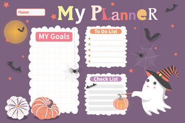 My planner with ghost, pumpkin and bat in flat cartoon style. Schedule template, Planner for printing. Cartoon Halloween background vector illustration for kids. My goals, To do list, Check list.