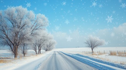 Obraz premium Snowflakes drift through the cold winter air over a serene road, while a bright blue sky adds contrast to the white landscape.