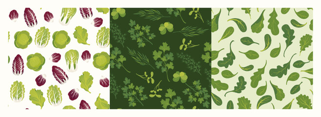 Salad patterns. Seamless print of green vegetable leaf mix, vegan food background for wrapping paper green fresh food textile fabric. Vector texture set.eps