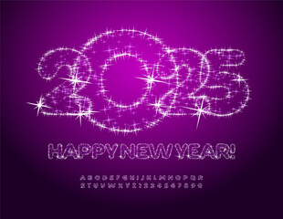 Vector sparkling Greeting Card Happy New Year 2025! Stars shiny Font. Decorative Alphabet Letters and Numbers set. 