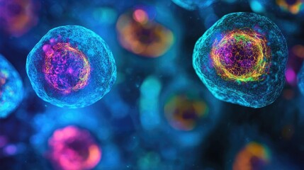 Close-up of Colorful Illuminated Cells in Blue Liquid