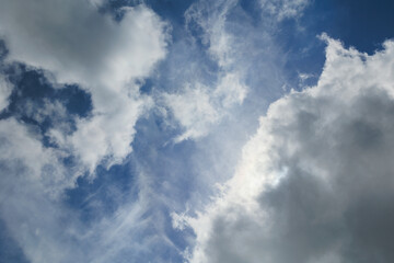 Blue sky and white and gray clouds. Texture background for design.